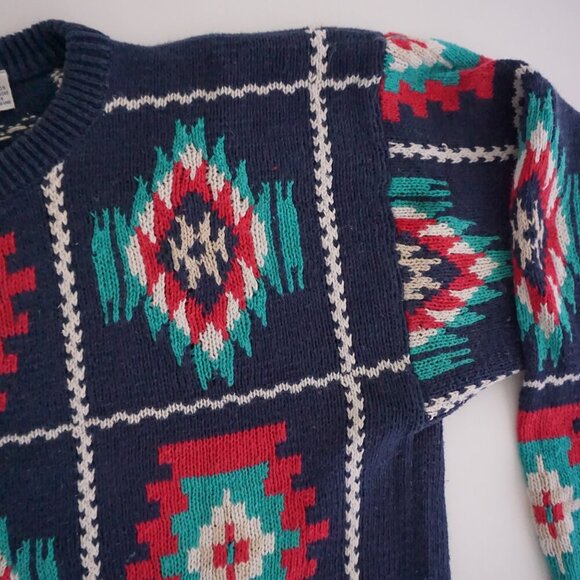 Vintage '90S Rivertrader Navy Knit Teal Red Aztec Cotton Blend  Crew Sweater L - Picture 12 of 12
